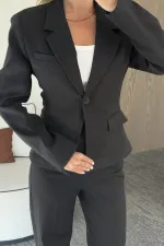 Black Jacket and Trousers Suit with Sleeve Darts and Fitted Waist - 9480