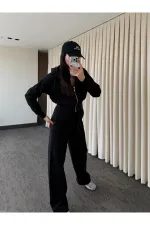 Siyah %100 Pamuk Kapüşonlu Fitilli Takım - 51232