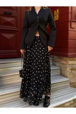 Black Chiffon Polka Dot Long Skirt - 2506