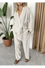 Stone Detailed Side Tie Linen Kimono Set