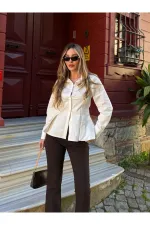 Ekru Belden Oturtmalı Poplin Gömlek - 1616