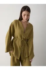 Haki Çok Düğmeli %100 Pamuk Gömlek Pantolon Takım