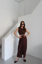 Brown Dress with Front Buckle and Side Cutout