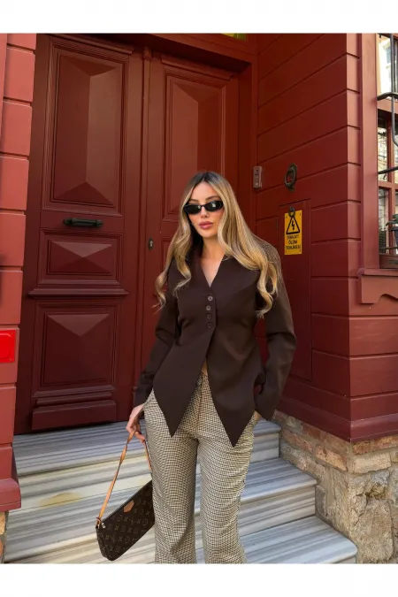 Veste asymétrique marron à ceinture - 3001