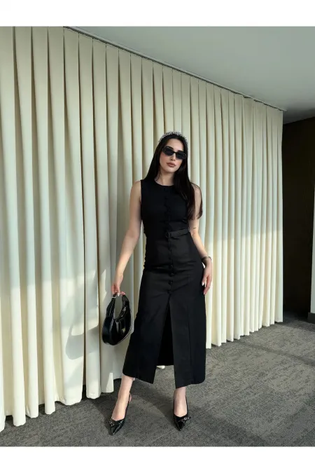 Siyah Düğmeli Kemerli Gabardin Elbise - 5002