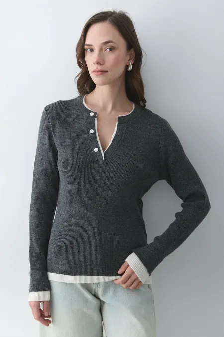 Antrasit - Krem 2 Patlı Düğmeli Kazak - 251023