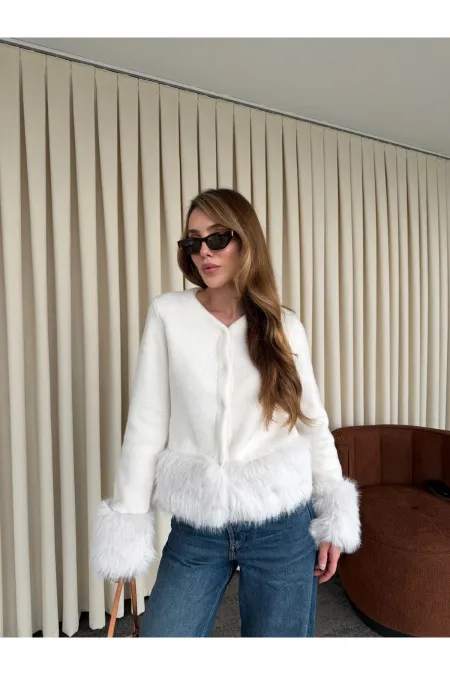 Ekru Kolları Kürklü Hırka - 251104