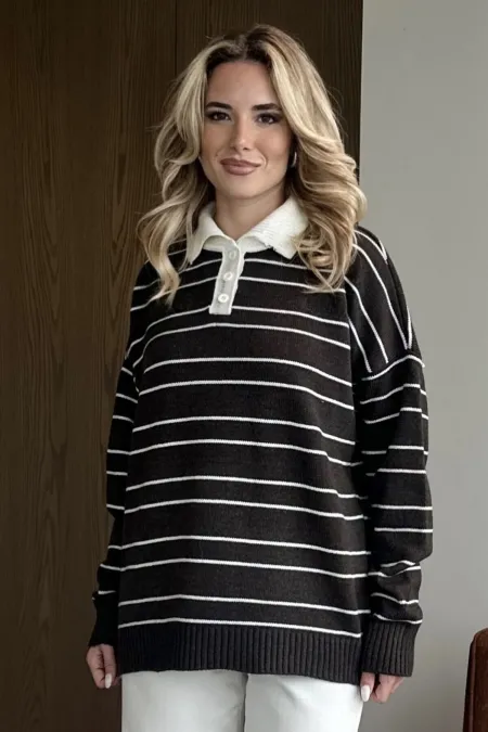 Kahverengi Beyaz Çizgili Kazak -1510