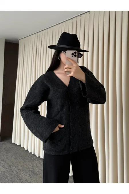 Antrasit Düğmeli Basic Hırka - 4622