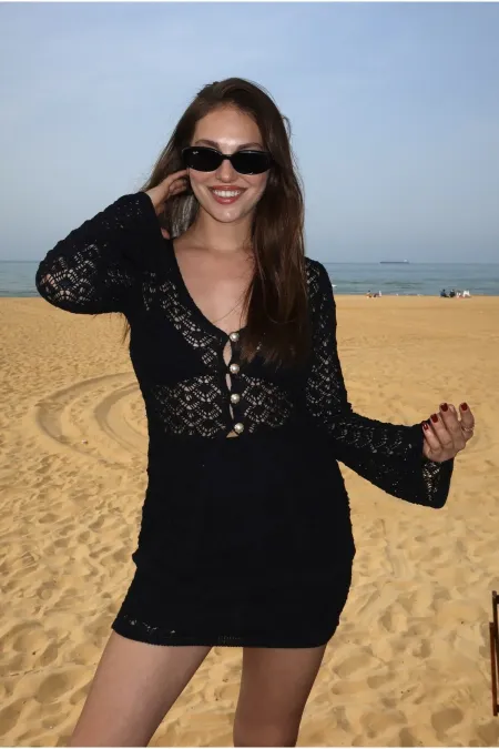 Ensemble cardigan et jupe boutonnés en perles noires - 7221