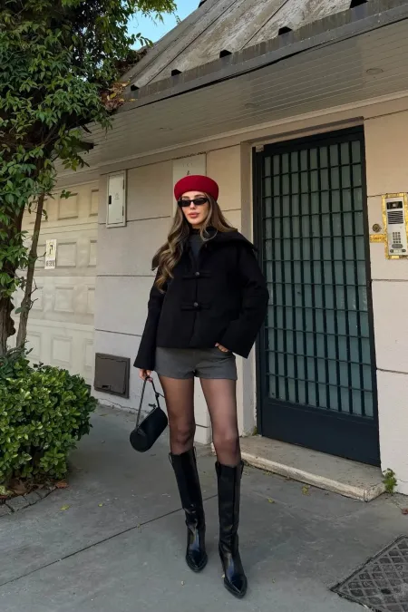 Black Short Cashmere Jacket with Button Details - 7675 Black Short Cashmere Jacket with Button Details - 7675