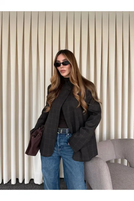 Kahverengi Hakim Yaka Ekose Ceket - 4103