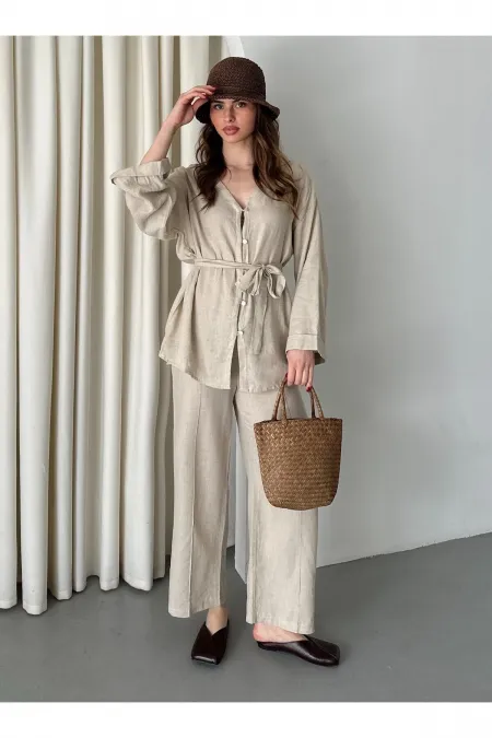 Bej Pamuklu Gömlek Pantolon Takım