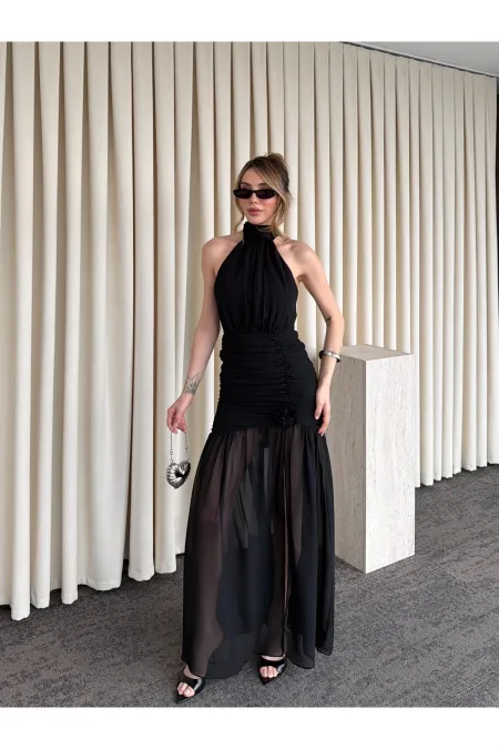 Siyah Gül Detaylı Şifon Elbise - 2485