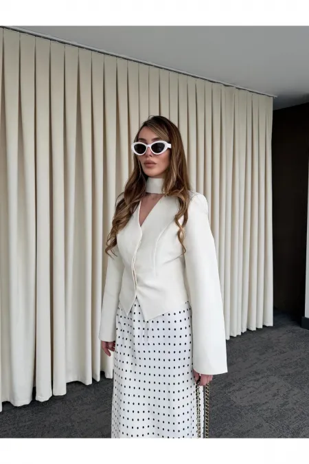 Ekru Vatkalı Fularlı Ceket - 85175
