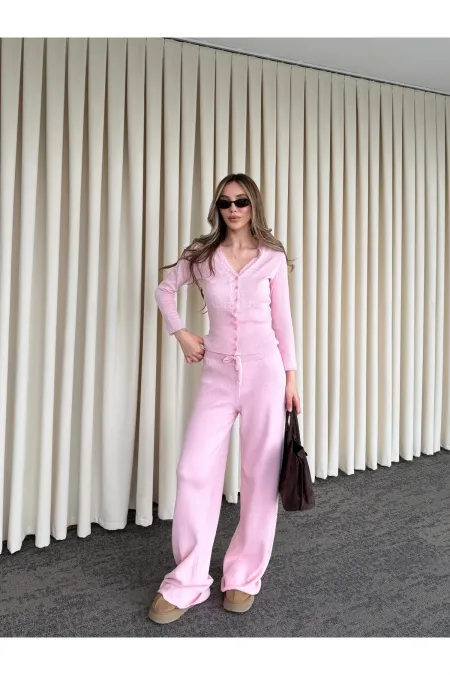 Pembe Dantelli İkili Triko Takım - 2602