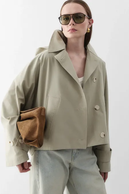 Mint Kapüşonlu Kısa Trençkot - 7003