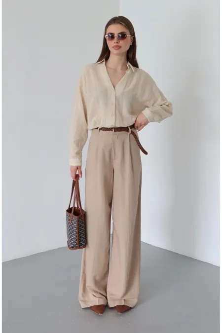 Pantalon beige en maille avec ceinture - 51150