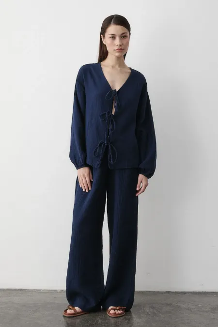 Navy Blue 100% Cotton Tie-Up Blouse and Pants Set Navy Blue 100% Cotton Tie-Up Blouse and Pants Set