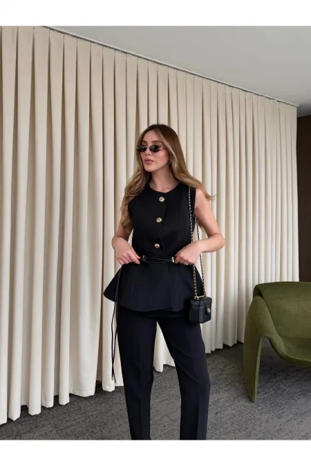 Siyah Kemerli Düğmeli Yelek - 9682
