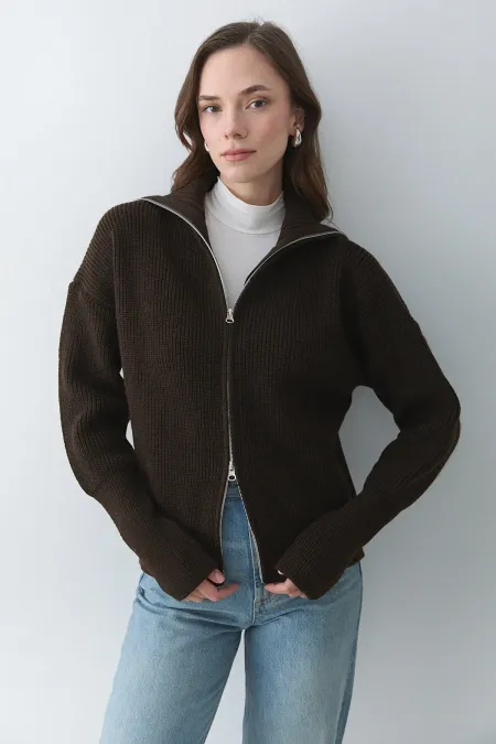 Brown Double Zip Cardigan - 251080 Brown Double Zip Cardigan - 251080