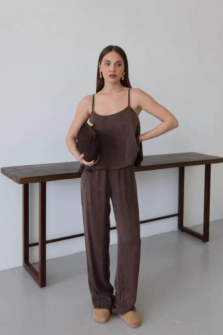 Brown Satin-Look Strappy Blouse and Pants Set