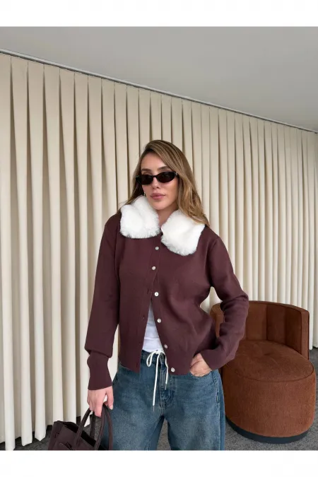 Bordo Yakası Kürklü Hırka - 261002