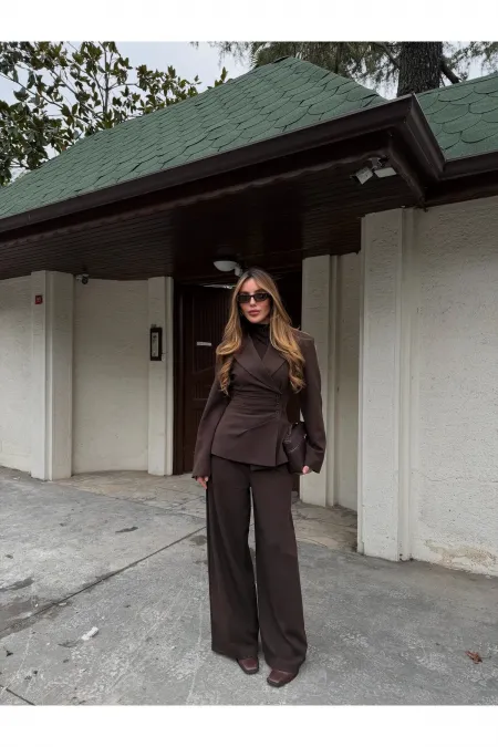 Kahverengi 4 Yan Düğmeli Ceket Pantolon Takım - 202602