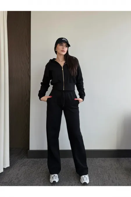 Siyah %100 Pamuk Kapüşonlu Fitilli Takım - 51232