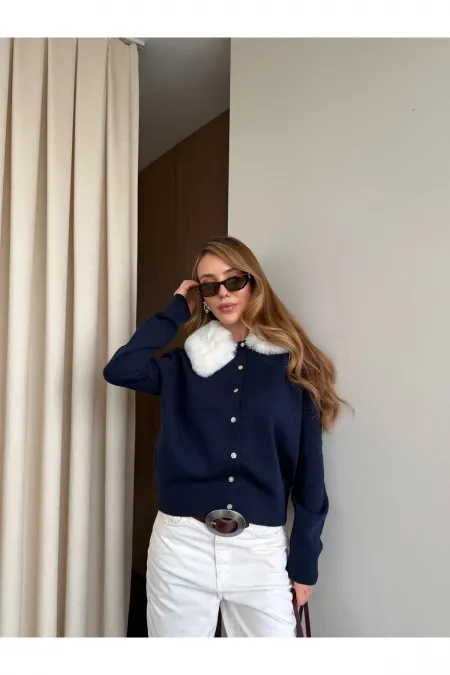 Lacivert Yakası Kürklü Hırka - 261002