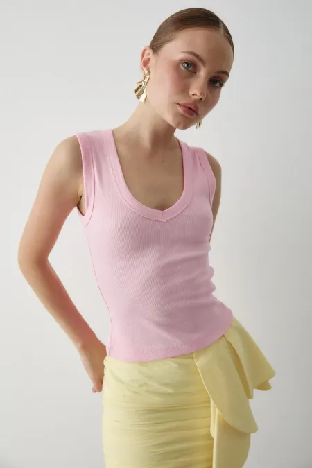 Pembe V Yaka Fitilli Bluz