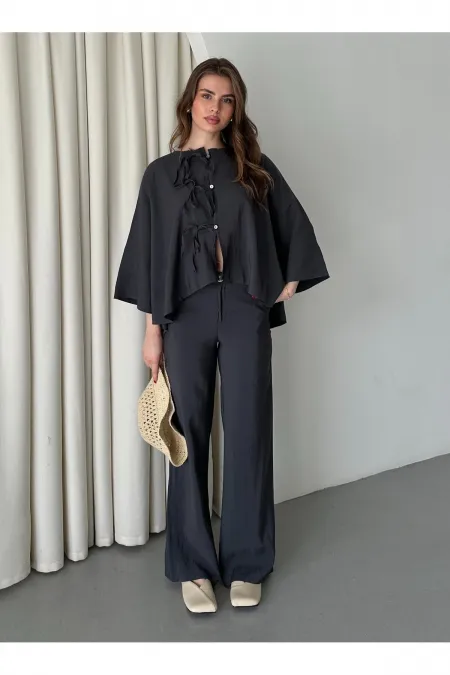 Ensemble chemisier et pantalon anthracite avec détails de surpiqûres au col - 9002