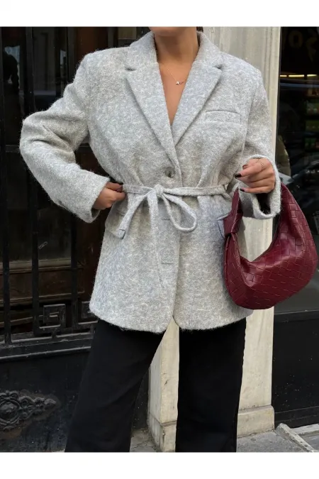 Veste Blazer en Cachemire Ceinturée Bouclé Gris - 7368