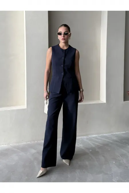 Koyu Lacivert Camille Klasik Düğmeli Yelek Pantolon - 8449