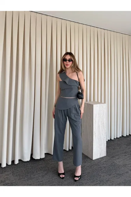 Gri Tek Omuz Tasarım Yaka Bluz Pantolon Takım - 8003