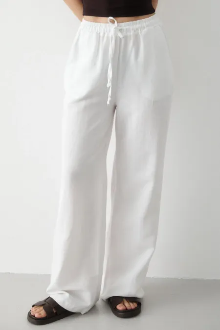 Pantalon blanc en coton et lin avec taille élastiquée