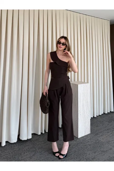 Acı Kahve Tek Omuz Tasarım Yaka Bluz Pantolon Takım - 8003