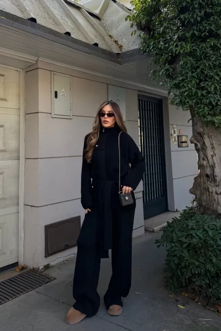 Black High-Neck Belted Designer Knit Set - 0808 Black High-Neck Belted Designer Knit Set - 0808