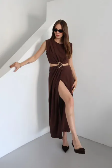 Brown Dress with Front Buckle and Side Cutout
