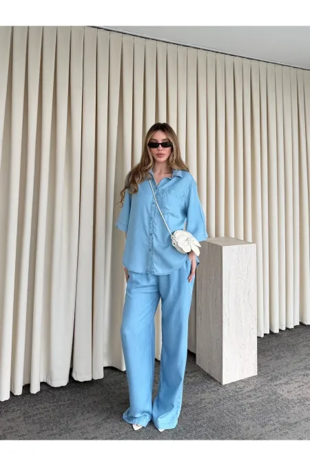Light Blue Tencel Fabric Shirt and Pants Set - 0926