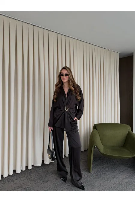 Brown Buckled Shirt and Trousers Set - 51240 Brown Buckled Shirt and Trousers Set - 51240