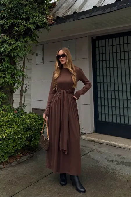 Kahverengi Bağlamalı Elbise - 4988