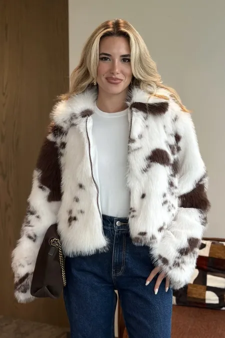 Manteau en fourrure à motifs marron clair et fermeture éclair - 85154