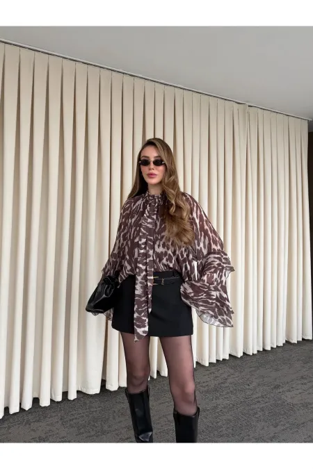 Chemisier en mousseline marron à nouer - 5024