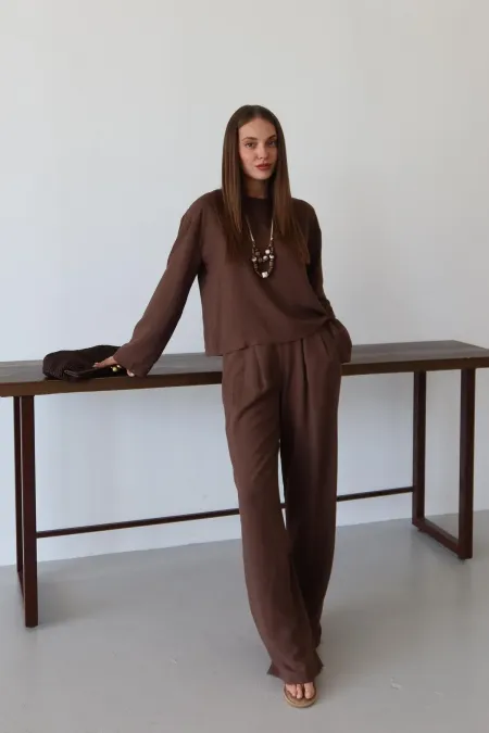 Kahverengi Marisol Bluz Pantolon Takım