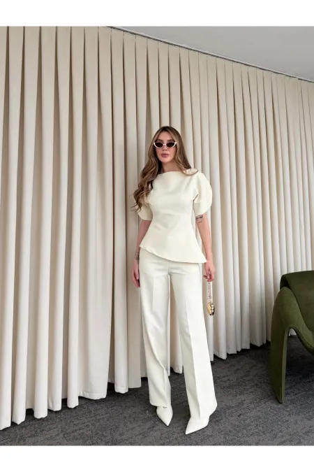 Ensemble chemisier et pantalon asymétrique blanc cassé à manches ballon - 25194