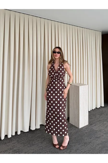 Robe marron à pois avec détail au dos - 4922