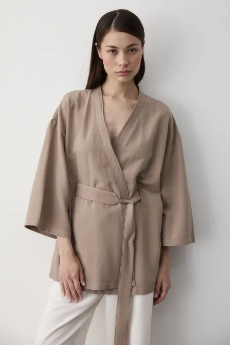 Sütlü Kahve Iç Kemerli Fakir Kol Kimono - 5383