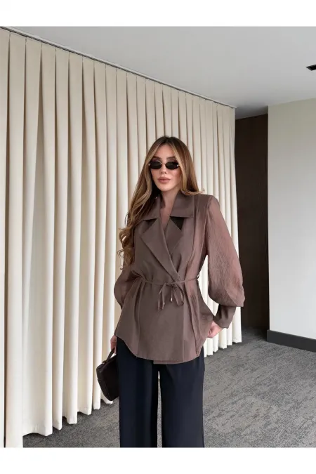 Kahverengi Vatkalı Transparan Gömlek - 5029