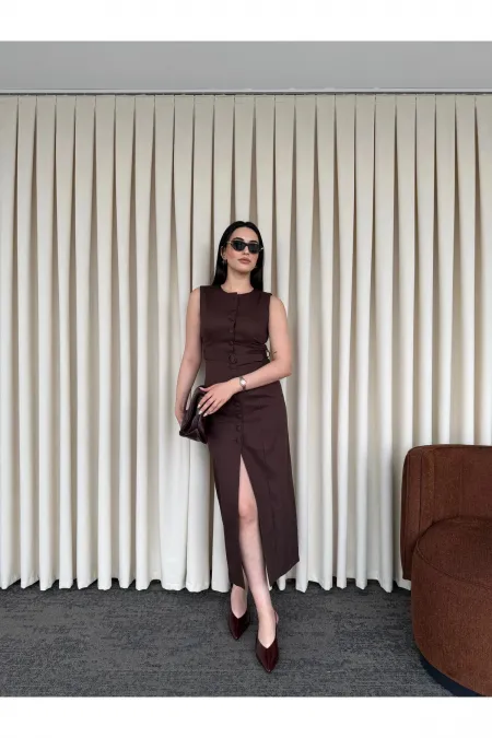 Kahverengi Düğmeli Kemerli Gabardin Elbise - 5002